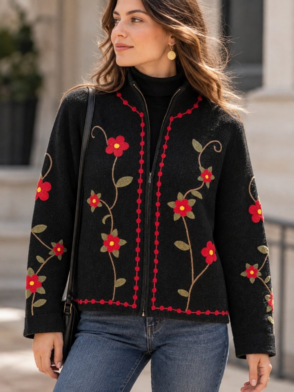 Vintage 100% Wool Floral Embroidered Zip Sweater Jacket M Pure & Simple 90s EUC